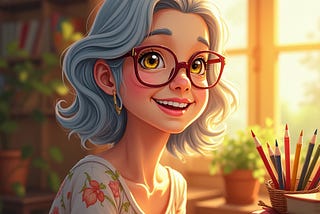 Gray hair woman teacher with glasses smiling.