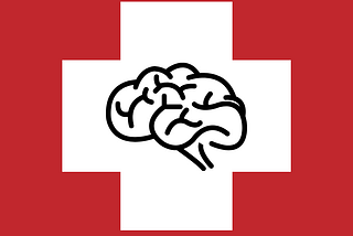 A brain is juxtaposed inside a white plus on a red background.