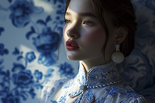 7 Midjourney V6. Advanced Prompting Technique — A portrait of a 18-year-old beautiful girl with oriental chinese style broken blue and white porcelain pattern, created with Midjourney