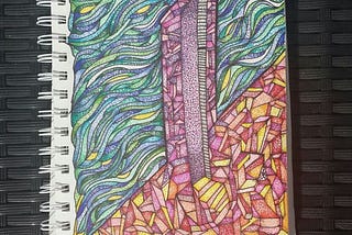 A page of my sketchbook, an illustration I drew of a purple doorway, the upper half is in wavey blues and greens and yellows, the bottom is shapes of reds, oranges and yellows