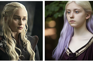 Side by side comparison of Daenerys Targaryan in Movie and AI interpretation