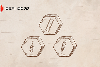The picture shows three hexagonal objects. Each hexagon has engraved one symbol per each: a quill, a violin key and a reel of film tape. | DeFi DOJO