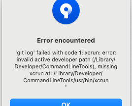 ‘git log’ failed with code 1:’xcrun: error: invalid active developer path…