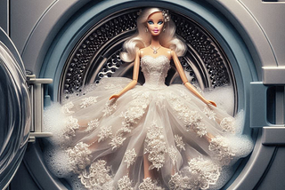 Barbie doll in a wedding dress, stands framed in the door of a silver coloured washing machine, surrounded by bubbles