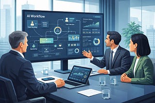 Leadership team reviewing AI-supported workflows in a modern office