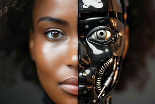 AI image created on MidJourney V6 by henrique centieiro and bee lee, AI is Dangerous to Humanity, But Not in the Way You Think This Is the Dystopian Future That No One Sees Coming, be limitless series on Medium. A woman with half face human, half face robot.