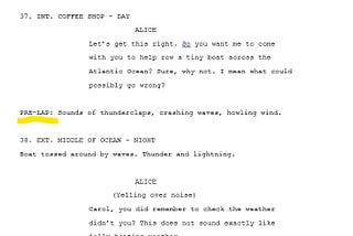 Sample script fragment showing use of pre lap for sound effects.
