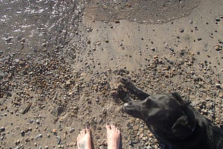 Sand and pebble ground, author’s feet and black lab dog laying the sand are shown at the bottom of the picture as water comes in from the top.