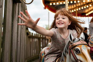Girl on old fashioned wood carousel reaching for the gold ring prize