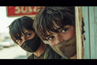 Two young men with masks on their faces peek around a corner