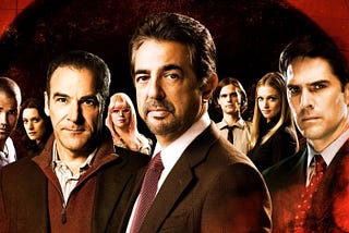 Promotional image of the original Criminal Minds cast, featuring main characters from the FBI’s Behavioral Analysis Unit. Centered are Jason Gideon (Mandy Patinkin), David Rossi (Joe Mantegna), and Aaron Hotchner (Thomas Gibson), with other core team members including Derek Morgan, Emily Prentiss, Penelope Garcia, Spencer Reid, and JJ Jareau. The background features a red and black gradient with shadowed textures, evoking the show’s dark and psychological themes.