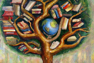 Image of a tree with books in its branches and Earth at the centre