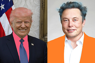 Montage of Donald Trump and Elon Musk dressed in colourful suits