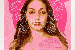 A solemn woman with mascara or dark tears running down her face is at the center of the bright, all pink toned artwork. Around and layered over this figure are pink Aztec symbols and iconography. At the bottom of the work, her chest is covered with pink blooming roses.