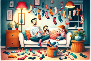 Cozy living room with a family laughing among whimsically scattered socks, depicting the fun in everyday household mysteries.