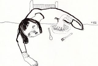 Ilustração em linhas, preto e branco, com mulher debruçada sobre a mesa, com as mãos em um cereal, demonstrando cansaço e desmotivação