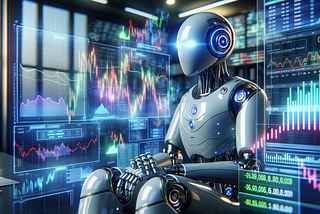 An image depicting a quant bot, designed as a futuristic robot with sleek, metallic surfaces, sitting in a modern, high-tech office environment.