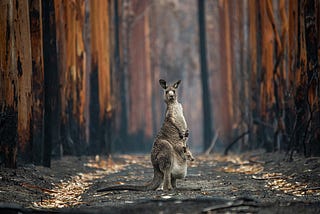 An eastern grey kangaroo and her joey who survived the 2020 forest fires in Mallacoota, Australia. 2020 Nature Photographer Of The Year (Man & Nature category). Credit: Jo-Anne McArthur / We Animals Media