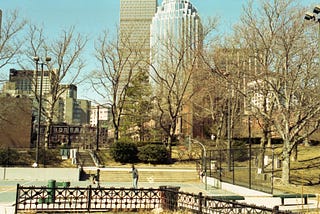 A landscape picture of city park with a building in background.