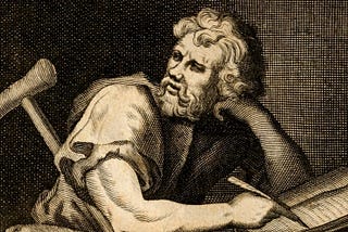 An idealized image of Epictetus thinking and writing. A crutch is beside him.