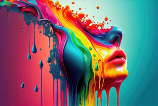 A female face melts into rainbow colors