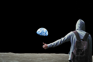 Image of a hitchhiker in front of a planet which looks like the earth.