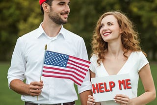MAGA man with an American flag standing next to his wife who is holding a “help me” sign.