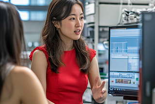 AI generated of two women sitting in front of a computer, one is a researcher and the other a participant in a usability study