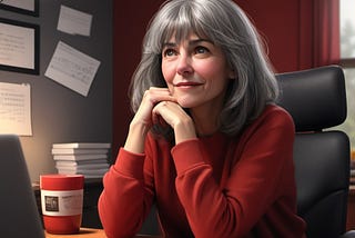 Gray haired woman sitting at a desk smiling and looking outward as she thinks about what to write