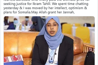 Female opposition MP Amina was killed in Somalia bombings