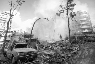 Stark black & white image of the destruction in Lebanon American bombs have in the hands of the IDF.