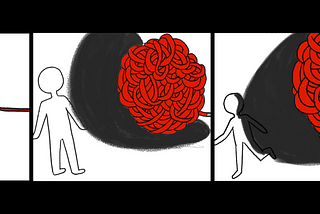 Three illustrations side by side: first, one knot is tangling into a bigger knot; second, a figure is facing a growing big knot; third, the person is trying to run away from the knot.