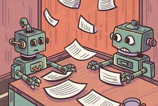 An illustrative drawing of cartoon robots studying