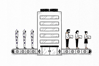 Illustration of a large office building positioned between two conveyor belts. On the left, three humanoid robots stand on a conveyor belt moving toward the building. On the right, three human workers stand on a conveyor belt carrying boxes away from the building. The black-and-white hand-drawn illustration symbolizes AI and automation reshaping human jobs in the workplace.
