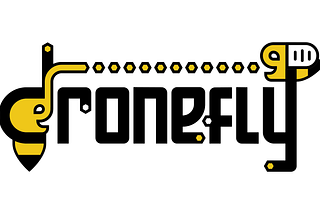 Logo of Drone Fly where a bee with an elephant face wrapped in letter D is sending packets to a drone fly on top of letter Y.