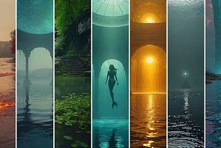 River with Lava: Flowing lava merges into a serene river, surrounded by trees under a warm sky.
 Celestial Cave: Towering columns in a reflective water surface with a starry ceiling.
 Forest Pond: Tranquil pond with lily pads, surrounded by lush foliage and stone steps.
 Underwater Mermaid: Mermaid swimming in a sunlit ancient structure with columns and arches.
 Golden Light: Indoor scene with golden light streaming through a vaulted ceiling onto the water.
 Luminescent Ocean: Surreal ocean with