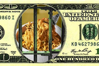 A US $100 bill. The oval containing Benjamin Franklin has been replaced with an image of scabrous prison bars with a cup of instant ramen behind them.