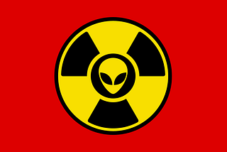 A red flag with a radiation warning sign containing an alien.