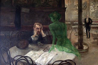 A painting of a man sitting at a table speaking with a female ghost.
