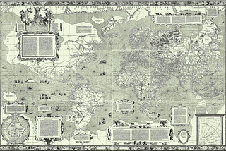 1569 Mercator world map showing distorted continental sizes, with Europe centered and enlarged.