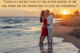 A couple kissing each other in beach with love quote