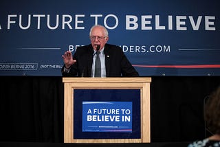 U.S. Senator Bernie Sanders speaking with supporters at a student meeting at Southern New Hampshire University in Hooksett, New Hampshire.