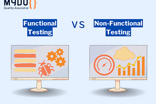 The image contains sentence “Functional testing vs non-functional testing”, two personal computers, the monitors show: list, bug, gear, gauge, cloud, and graphic.