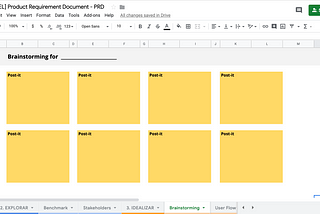 A Google Sheets document which has the Product Design process and it is opened in a tab called "Brainstorming".