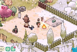 A screenshot of a scene from the Cozy Grove game. A spirit scout standing near their camp fire which has a wooden fence.