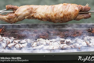 AI Image of a lamb being roasted on a spit. There also appear to be other unspecified chunks of meat on the grill.