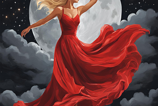 Lady in flowing red dress under a full moon.