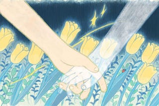 two hands holding each other, one looks like a spirit, the other human