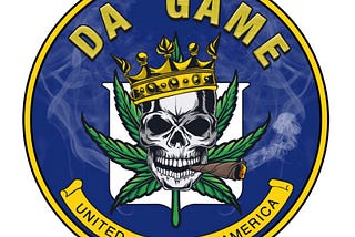 Da game logo, skull smoking a joint in front of a cannibis leaf