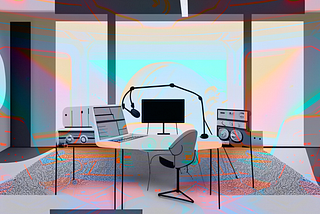 A graphic design illustration of a minimalist podcast studio in an abstract style.